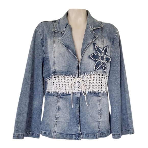 Crest Jeans Jackets & Blazers - Crest Jeans Boho Denim Jacket Crochet Waist Lace-Up Flower Detail 1XL